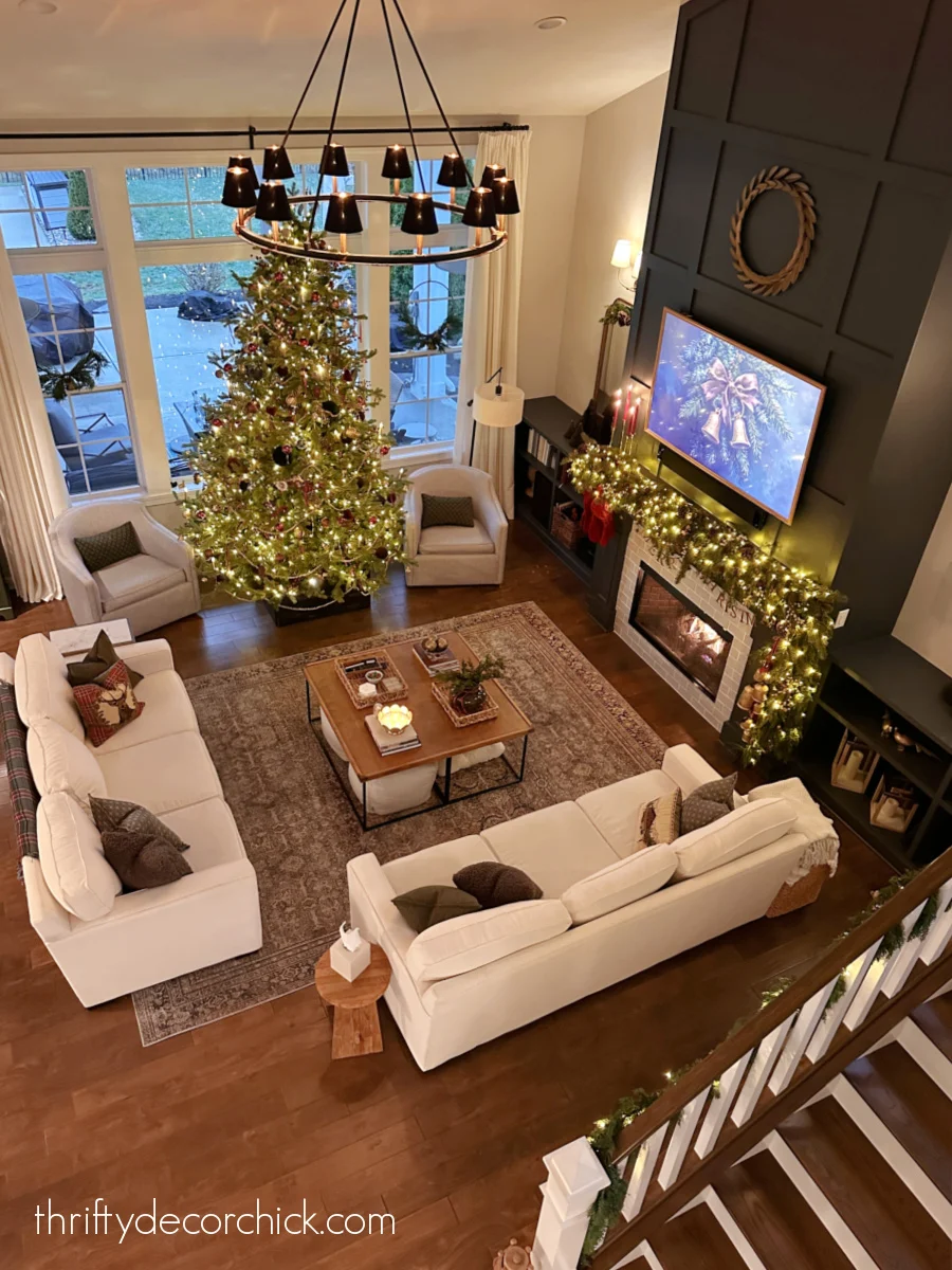 lighted greenery Christmas family room